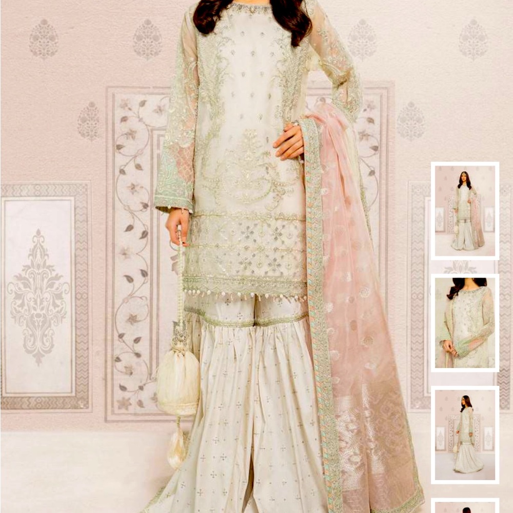 Maria B Original 3 piece Organza White Gharara Kameez Set extra large XL